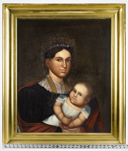 Portrait of Mother and Infant, Belknap, Folk Art
Attributed to Zedekiah Belknap (1781 to 1858)
Oil on Canvas, scale view